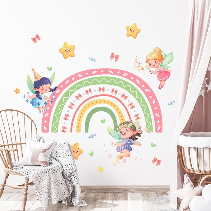 Tanlaby Large Rainbow Fairy Wall Stickers Elf Stars Wall Decals Peel and Stick Wall Art Sticker for Girls Bedroom Baby Nursery Kids Playroom Daycare Classroom Decor
