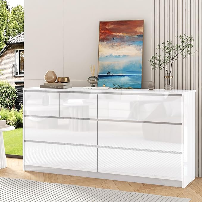 White Malm Dresser for Bedroom, 63 Inch Full High Gloss Dresser with 8 Drawers, Modern Large Wood Chest of Drawer Handle Free, Living Room, Entryway, Hallway, White