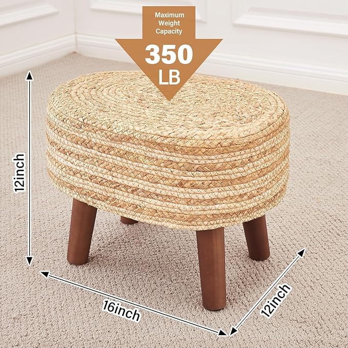 Cpintltr Round Ottoman Natural Seagrass Footstool Hand Weave Water Hyacinth Poufs Eco Friendly Sofa Foot Stool Soft Step Stool Padded Foot Rest with Pine Legs for Living Room (White and Solid)