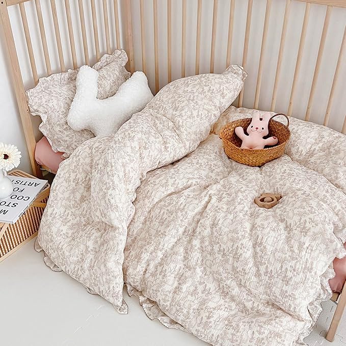 AOJIM Muslin Kids Duvet Cover with Forest Themed Patterns, 100% Cotton Toddler Comforter Cover 47X59'', Ruffled Design Baby Crib Quilt Cover 2-Layer Gauze for Boys Girls, No Comforter or Pillowcases