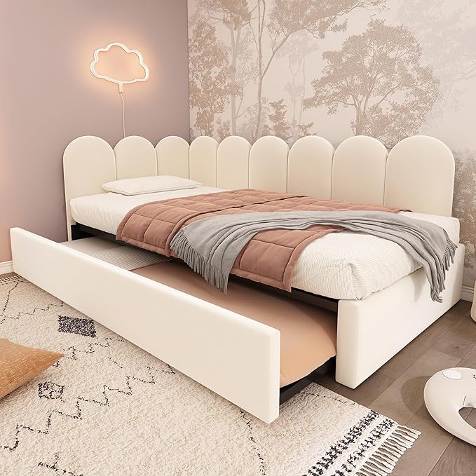 Merax Modern Upholstered Sofa Day Bed with Trundle Bed, Floor Platform Bed Frame with Headboard, No Box Spring Needed/Easy Assemble Twin, Beige