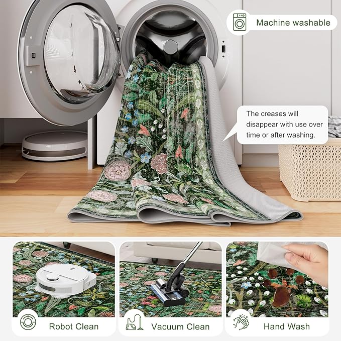 AMTOVO 2x6 Runner Rug for Hallway, Washable Non-Slip Long Kitchen Carpet, Floral Vintage Distressed Floor Mat for Hallways Entryway Living Room Laundry Room Bathroom Farmhouse, Dark Green
