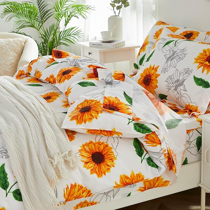 Brandream Duvet Cover Full/Queen Size 3 Pieces Boho Sunflower Farmhouse Floral Girl Women Floral Bedding Duvet Cover Set Super Soft Breathable with Zipper Closure & Corner Ties(Yellow White)