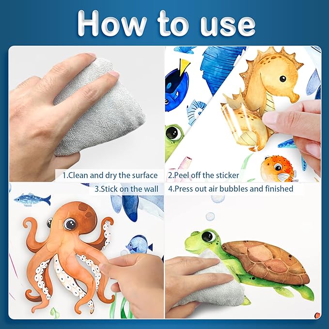 Ocean Sea Animals Wall Decals Stickers, 4Sheets 52Pcs Under The Sea Wall Stickers Fish Turtle Jellyfish Ocean Creature Decals for Kids Bedroom Bathroom Nursery Decor