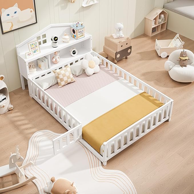 Bellemave Full Size Floor Bed for Kids, Girls, Boys, Solid Wood Montessori Bed with Storage headboard, Door, Storage, White