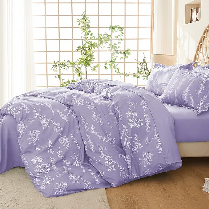 MUXHOMO Duvet Cover Queen Size, Reversible Floral Lavender Duvet Cover Set with Zipper Closure, 3 Pieces Botanical Patterns Soft Microfiber Bedding Set with 4 Ties (90"x90", 2 Pillow Cases)