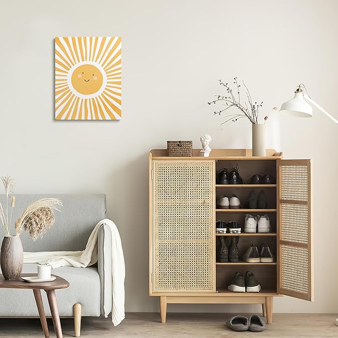 XWELLDAN Cute Cartoon Smiling Sun Cheerful Nursery Wall Art Canvas Prints,Watercolor Boho Neutral Sun Sunshine Wall Art Decor for Kids Baby Bedroom Nursery Playroom, 8x10 Inch, Framed