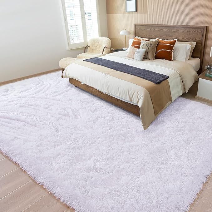 Merelax Soft Modern Indoor Large Shaggy Rug for Livingroom Bedroom Dorm Kids Room Home Decorative, Non-Slip Plush Fluffy Furry Fur Area Rugs Comfy Nursery Accent Floor Carpet 8x10 Feet, White