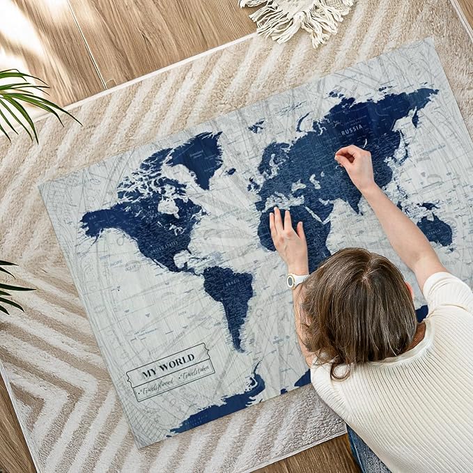 ElephantStock - My World Push Pin Map V Wall Art - Horizontal Canvas Wall Art - Living Room Wall Decor - Unique Map Canvas Art - Gray And Blue Decor - 45" x 30"