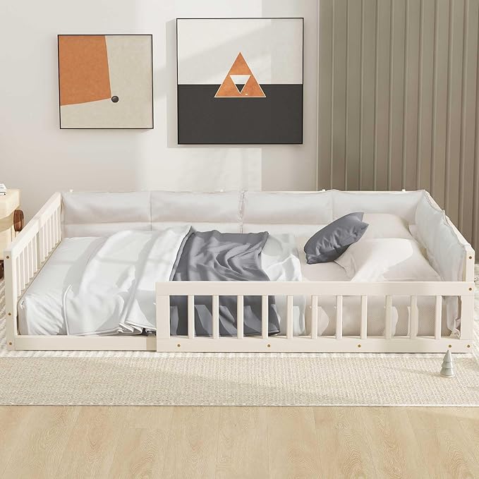 Full Size Upholstered Floor Bed with Guardrail, Montessori Platform Bed Frame for Kids and Toddlers, Wood Slat Support, No Box Spring Needed (Beige + Solid Wood+MDF + Full)