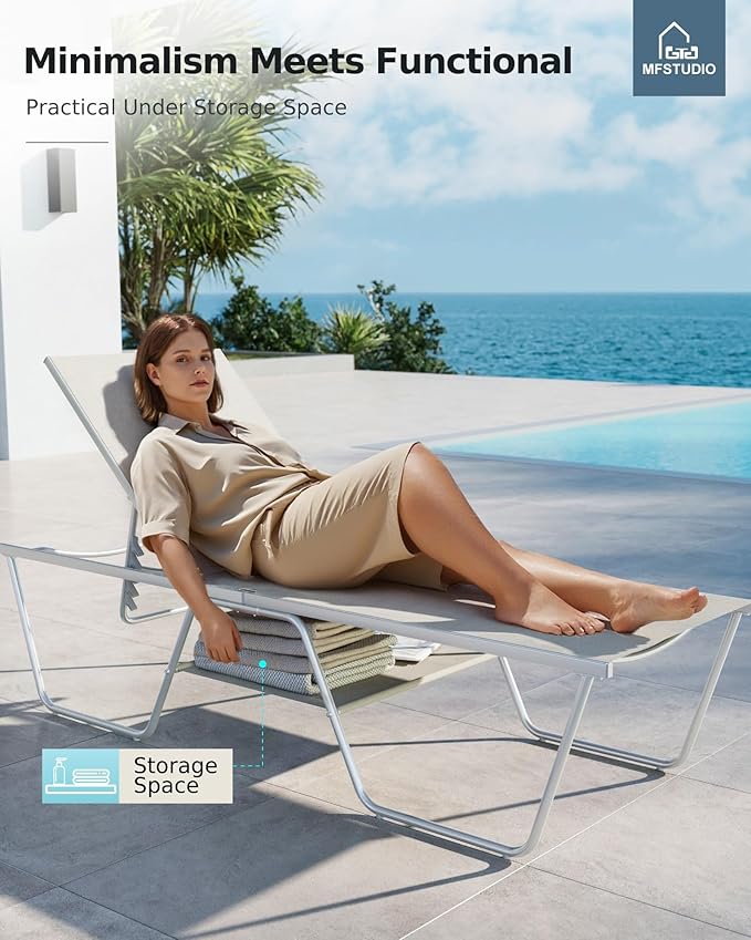 MFSTUDIO Outdoor Chaise Lounge Chairs of 2, Reclining Lounger Chairs with 5 Adjustable Positions, Pool Beach Lounge Chairs, Textilene, Outdoor Lounger Seating Furniture