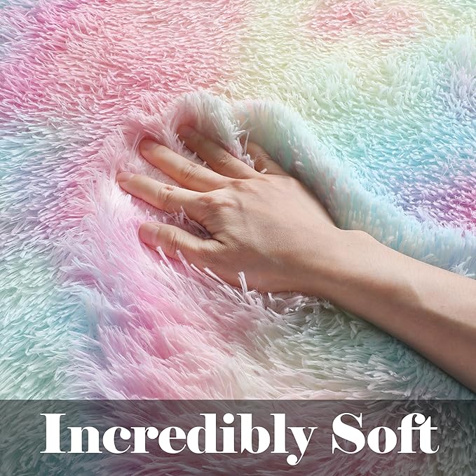 ONASAR Rainbow Area Rugs for Girls Bedroom, 4x6 Fluffy Bedside Colorful Rug, Cute Washable Soft Plush Shaggy Princess Fuzzy Indoor Floor Carpet for Nursery Kids Baby Teen Dorm Playroom Home Decor