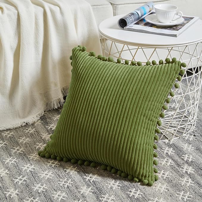 Fancy Homi Pack of 2 Moss Green Decorative Throw Pillow Covers 24x24 Inch with Pom-poms, Soft Corduroy Solid Square Cushion Covers for Couch Sofa Bedroom Car Living Room 60x60 cm
