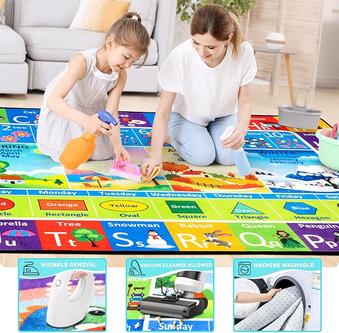 ABC Rug, Toddler Play Mat Rug 6x9 Feet, Extra Thick (0.4in) Washable Baby Play Mat for Floor, Classroom Carpet Non-Slip for Learning, Alphabet, Nursery Mat for Crawling & Fun & Playroom Decor