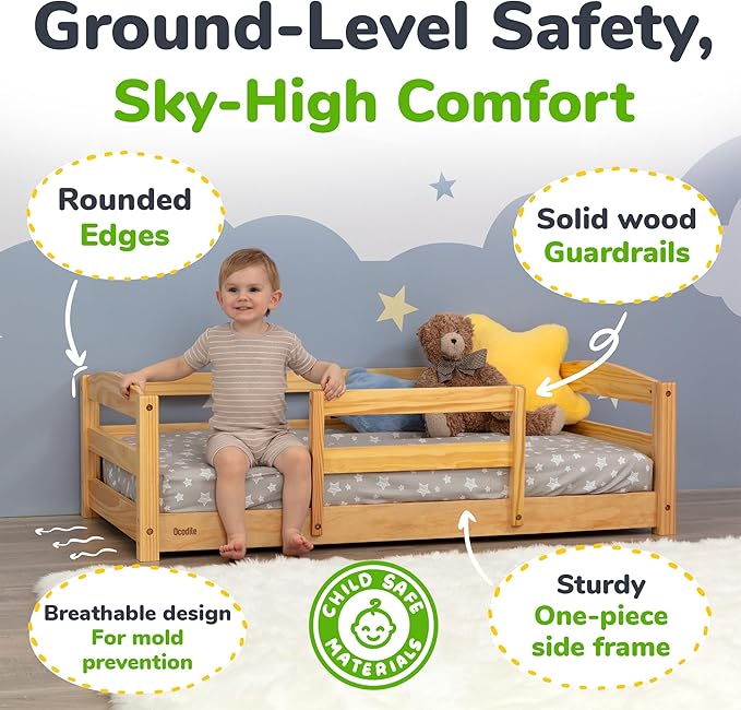 Ocodile Toddler Bed with Rails | Low Montessori Floor Bed Frame for Kids | Standard Crib Size Wooden Frame for Independent Toddlers 1-3 - Varnished