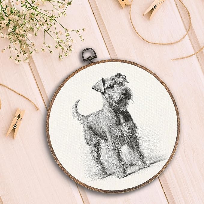 Vintage Schnauzer Round Wall Art Framed, Retro Schnauzer Dog Round Wall Decor, Dog Lover Gifts Hanging Canvas Print Wall Sculpture for Farmhouse Home Living Room Decor, 10x10 Inch