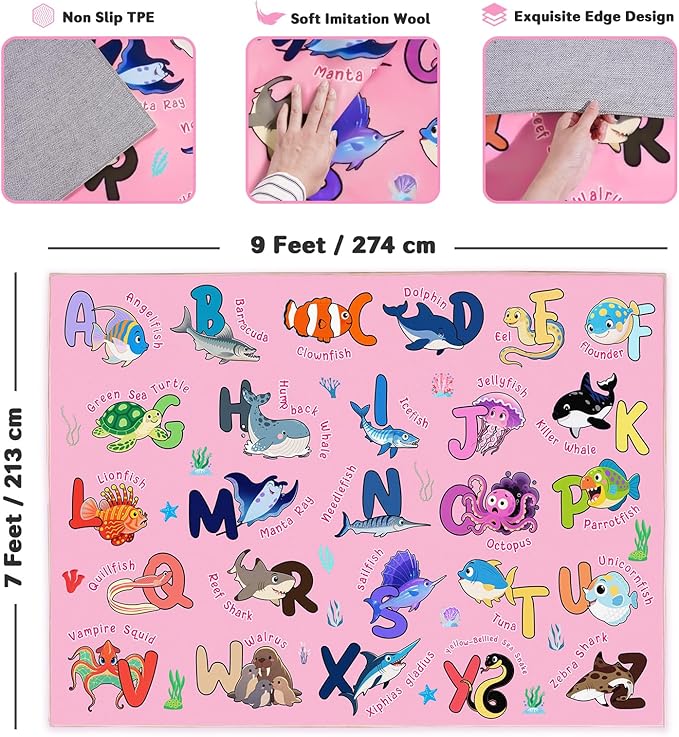 Kids Rug for Playroom, 7x9 Feet Educational Rug for Learn The ABC Alphabet, Soft Machine Washable Non-Slip Cute Marine Organisms Carpet for Classroom Toddler Nursery Kids Room Decor Mat, Pink