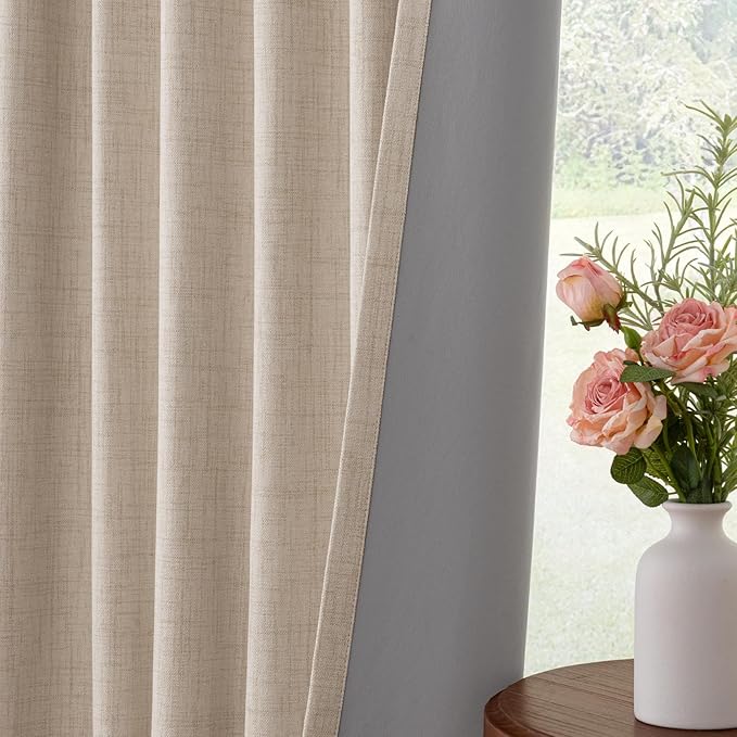INOVADAY 100% Blackout Curtains for Bedroom, Black Out Curtains 84 Inch Long, Clip Rings Linen Blackout Drapes, Thermal Insulated Room Darkening for Living Room, 1 Panel - Oatmeal,W102xL84