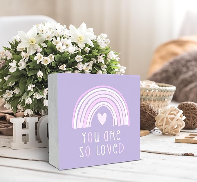 SRADMO You Are So Loved Rainbow Heart Wood Box Sign Desk Decor, Purple Kids Inspirational Quotes Wooden Block Box Sign Decoration for Kids Room Nursery Playroom Shelf Table Decorative Accessories