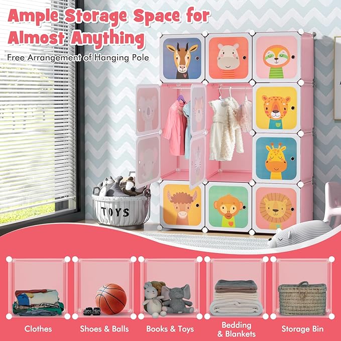 HONEY JOY Kids Wardrobe Closet, Baby Cartoon Clothes Storage Organizer, 12 Cubes & 2 Hanging Sections, Portable Children DIY Modular Bedroom Armoire Dresser Cabinet for Boys Girls (Pink)