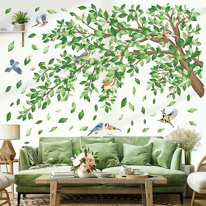decalmile Large Green Tree Branch Wall Decals Green Leaves Floral Wall Stickers Bedroom Living Room Sofa TV Background Home Decor