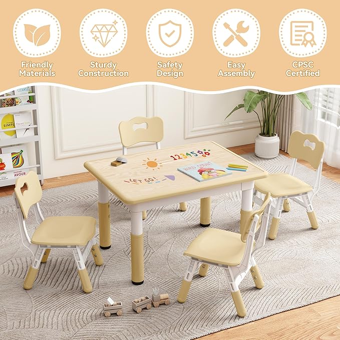 Kids Study Table and Chairs Set, Height Adjustable Toddler Table and Chair Set for Kids Ages 3-8, 31.5" L x 23.6" W Graffiti Desktop Plastic Children Art Table with 4 Seats, Brown