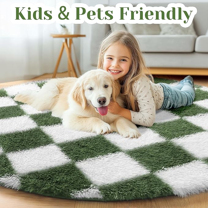 KICMOR Round Rugs 5ft Olive Green and White Circle Area Rug, Fluffy Soft Fuzzy Shag Shaggy Bedroom Living Room Carpet, Indoor Checkered Circular Rug for Kids Boys Girls Home Decor Aesthetic, Nursery