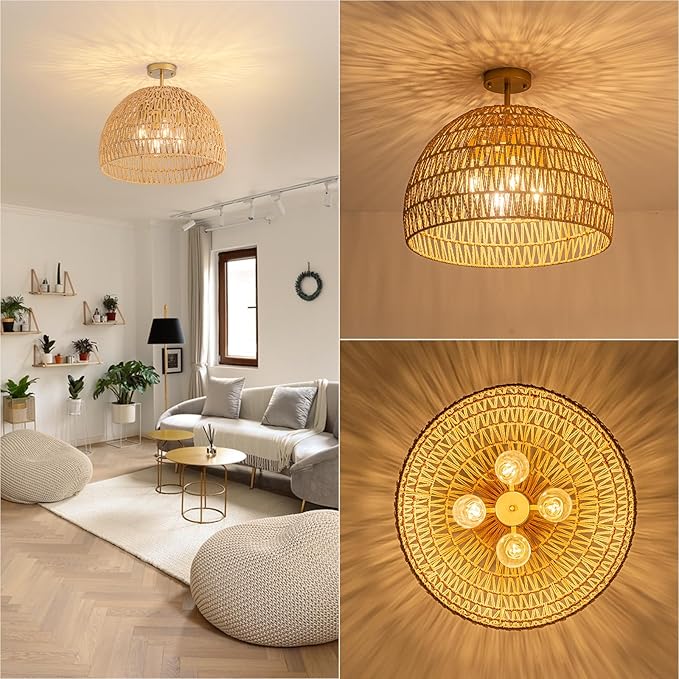 Rattan Ceiling Light Fixture, 4-Light Boho Semi Flush Mount Ceiling Light, 20" Wicker Light Fixture with Handmade Woven Cage Lampshade, Rattan Chandelier for Bedroom Hallway Nursery Kitchen Farmhouse