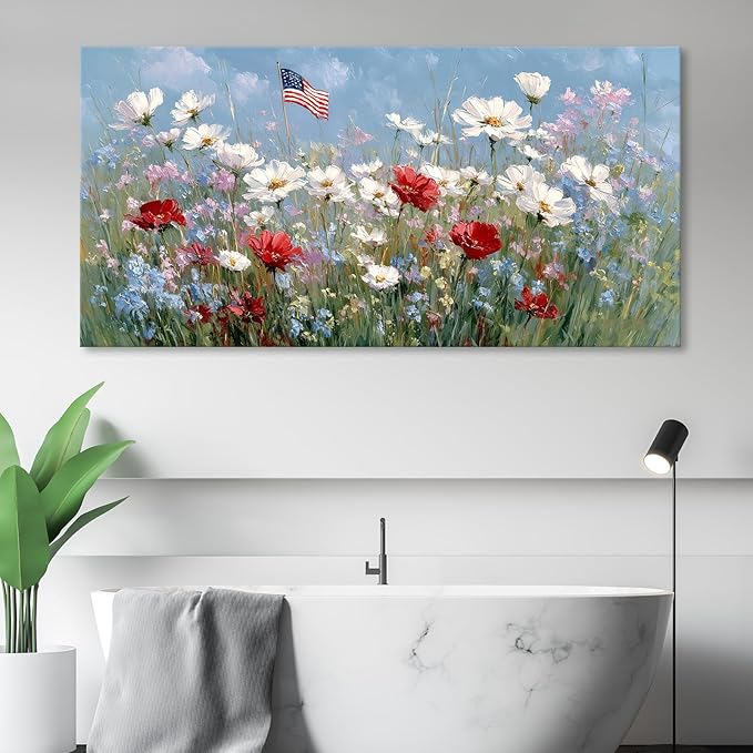 BewDalky American Flag Wildflower Field Canvas Wall Art for Home Decor, Patriotic Rustic Floral Landscape Art Print, USA Independence Day Artwork for Living Room, Bedroom, Bathroom Wall Decor 23"x46"