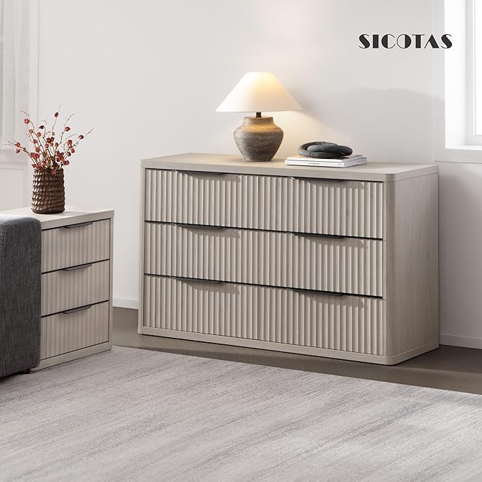 SICOTAS Dresser for Bedroom 53.5" Wide 6 Drawer Dressers & Chests of Drawers for Closet Long Large Modern TV Stand Set for Clothes Storage Fluted Clothes Closet for Hallway Entryway, White Alder