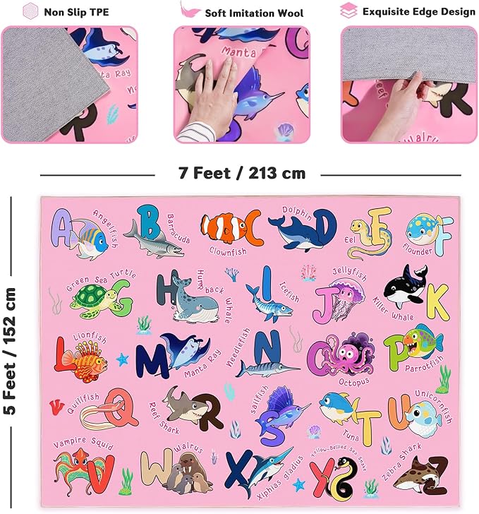 Kids Rug for Playroom, 5x7 Feet Educational Rug for Learn The ABC Alphabet, Soft Machine Washable Non-Slip Cute Marine Organisms Carpet for Classroom Toddler Nursery Kids Room Decor Mat, Pink