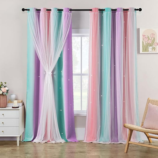 XiDi Girls Blackout Curtains 108 Inches Long for Bedroom, Room Darkening Grommet Window Ombre Curtains 2 Panel Sets, Kids Unicorn Princess Theme Decor Colorful Rainbow Design Pink Purple Green 34x108