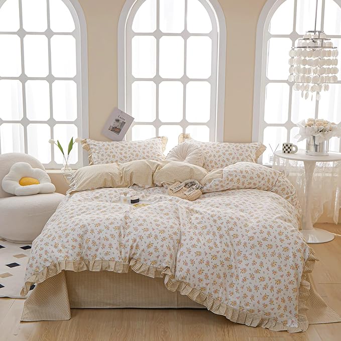 Girls Ruffle Duvet Cover Queen Chic Floral Princess Lace Comforter Cover Soft Breathable 100% Cotton Flower Bedding Set Vintage Botanical Duvet Cover Romantic Ruffle Comforter Cover with 2 Pillowcases