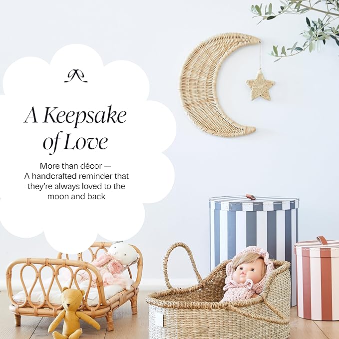 BEBE BASK Handmade Rattan Moon Wall Decor with Star - 100% Natural Organic Rattan Moon Decor for The Boho Nursery Decor - Moon and Stars Nursery Décor