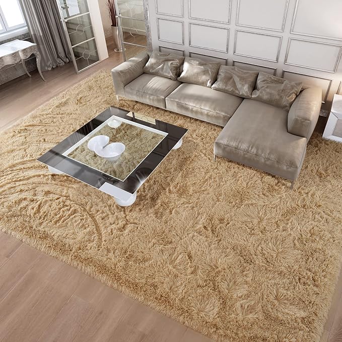 Merelax Soft Modern Indoor Large Shaggy Rug for Livingroom Bedroom Dorm Kids Room Home Decorative, Non-Slip Plush Fluffy Furry Fur Area Rugs Comfy Nursery Accent Floor Carpet 8x10 Feet, Light Tan
