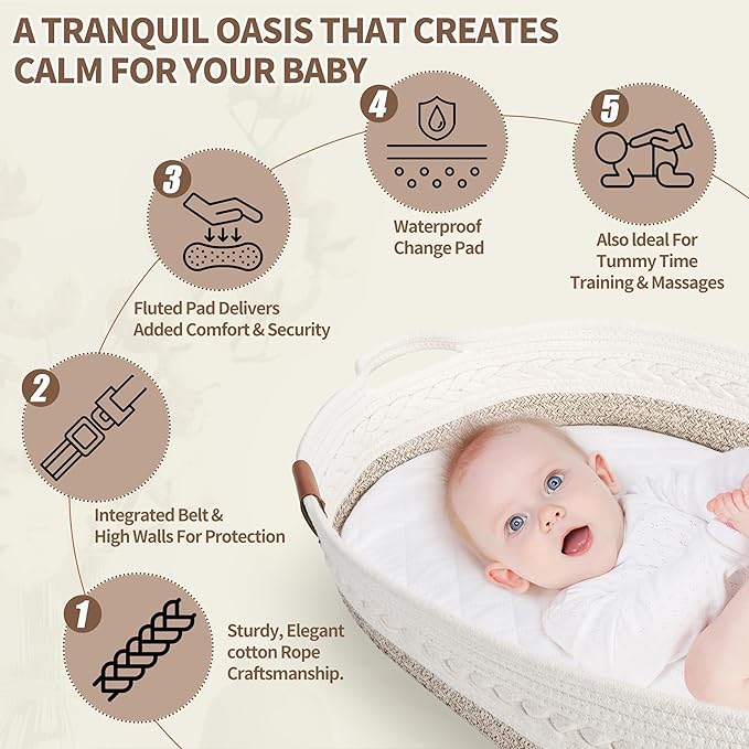 Deluxe Baby Changing Basket for Baby Dresser, Baby Moses Baskets for Newborn, Cotton Diaper Bassinet, Unisex Moses Basket for Babies, Foam Change Diaper Changing Pad for Dresser, Changing Table Topper