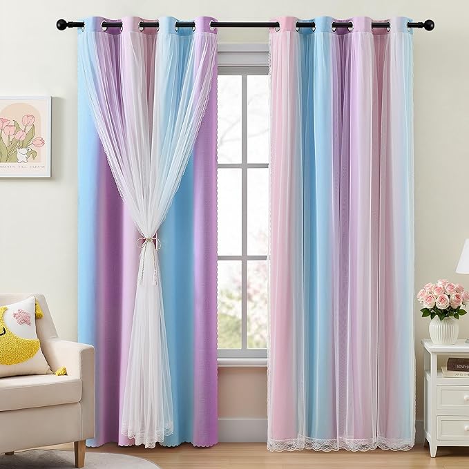 XiDi Blackout Curtains with Sheer Overlay for Girls Bedroom 2 Panels 63 Inches Long Double Layer Rainbow Pink Purple Curtains for Nursery Kids Room Unicorn Princess Home Decor Grommet Drapes W34XL63