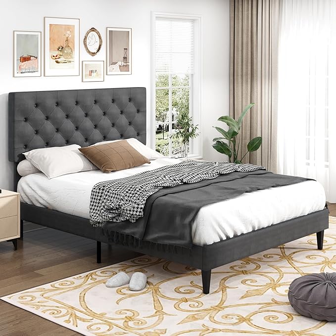BarnFurin Full Size Bed Frame with Headboard, Upholstered Platform Bed with Adjustable Button Tufted Headboard, Fabric Bed Frame with Wooden Slats Support, No Box Spring Required, Light Grey