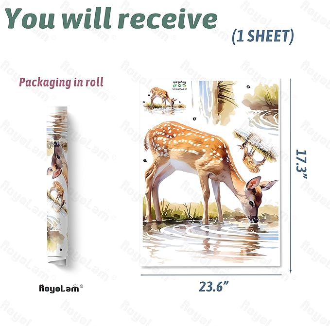 Sika Deer Drinking Water Wall Decal Nursery Woodland Animal Wall Sticker Removable Peel and Stick Wall Art Decor for Kid Baby Classroom Preschool Living Room Playroom Bedroom School