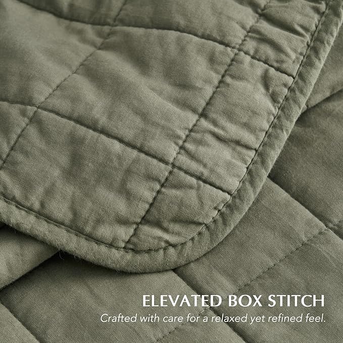 EVERGRACEHOME 100% Cotton Box Stitch Quilt Bedding Set Queen Size 3 Pieces, Garment-Washed Lightweight Soft Cozy Coverlet, Quilted Bedspread Sets with 2 Shams for All Season, Olive Green