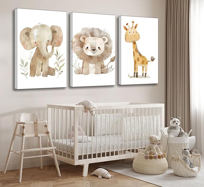 UNDDISINS 3 Pcs Animal Nursery Canvas Wall Art Watercolor Baby Animals Painting Picture Wall DecorCute Elephant Giraffe Lion Nursery Paintings Artwork for Kids Room Baby Girl Room Home Decoration