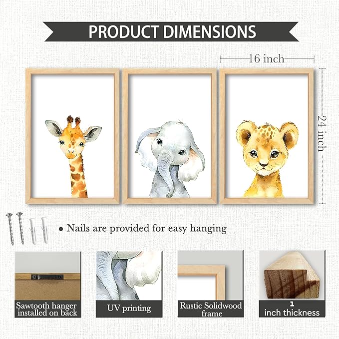 Surfapans Nursery Cute Animal Sign Wall Decor 24"x16" Set of 3 Lion Giraffe Elephant Prints Wooden Framed for Baby Child Children's Room Wall Art (Wood)