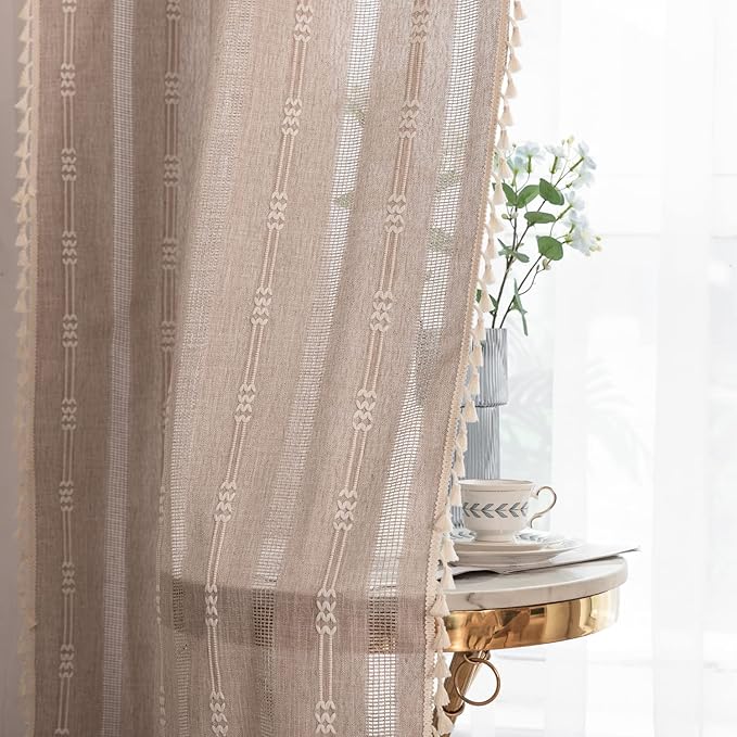 Deeprove Boho Curtains 84 Inches Long for Bedroom, Taupe Cotton Linen White Stripes Embroidery Chic Hollow Geometric, Semi Blackout Window Vintage Drape Tassels, 1 Panel W52 x L84