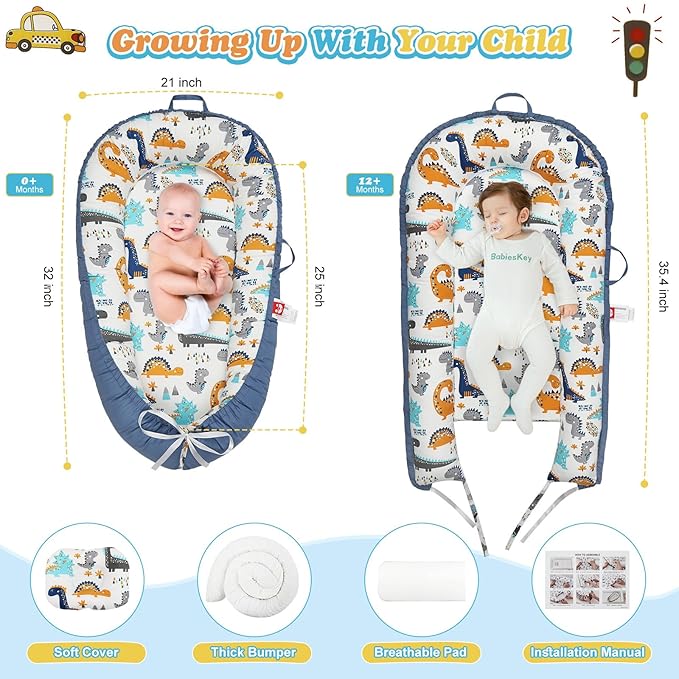 Baby Lounger for Newborn - Portable Infant Seat with Breathable Cover, Adjustable Cotton Lounger for Floor Play & Travel | Newborn Essentials Gift 0-24M