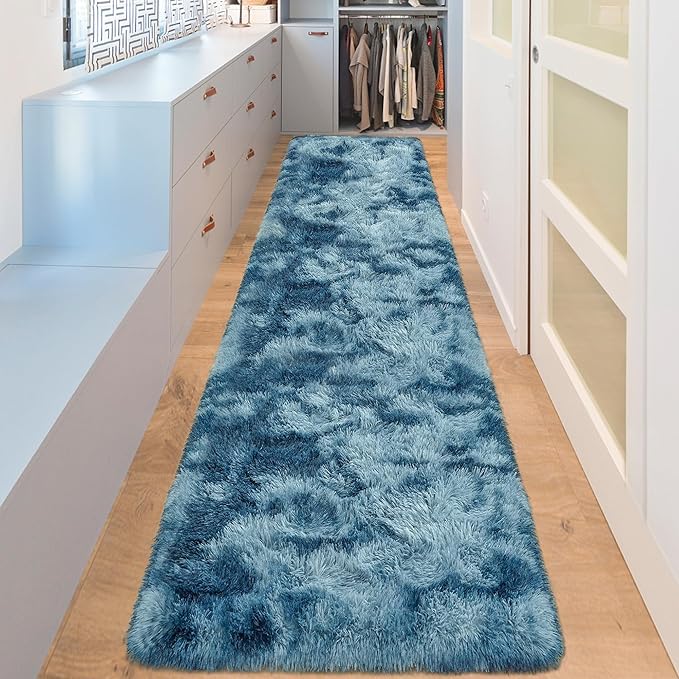 2x8 ft Plush High Pile Blue Tie-Dyed Rug Fluffy Soft Runner Bedside Rug for Bedroom Living Room Hallway Nursery Kids Home Decor Shag Carpet