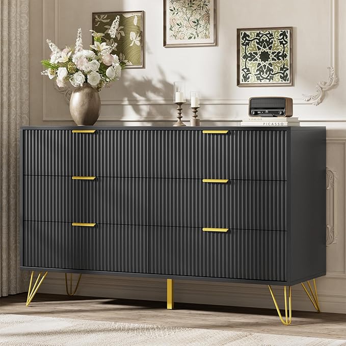 LYNSOM Fluted Dresser for Bedroom, Black 6 Drawer Dresser with Gold Handles and Wide Drawers, Wood Chest of Drawers for Bedroom, Hallway