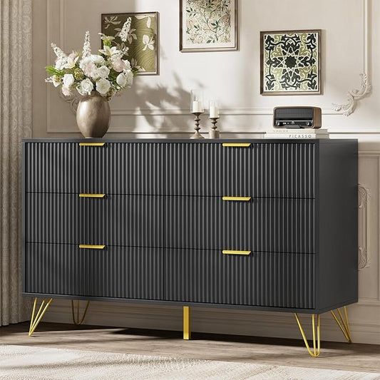LYNSOM Fluted Dresser for Bedroom, Black 6 Drawer Dresser with Gold Handles and Wide Drawers, Wood Chest of Drawers for Bedroom, Hallway