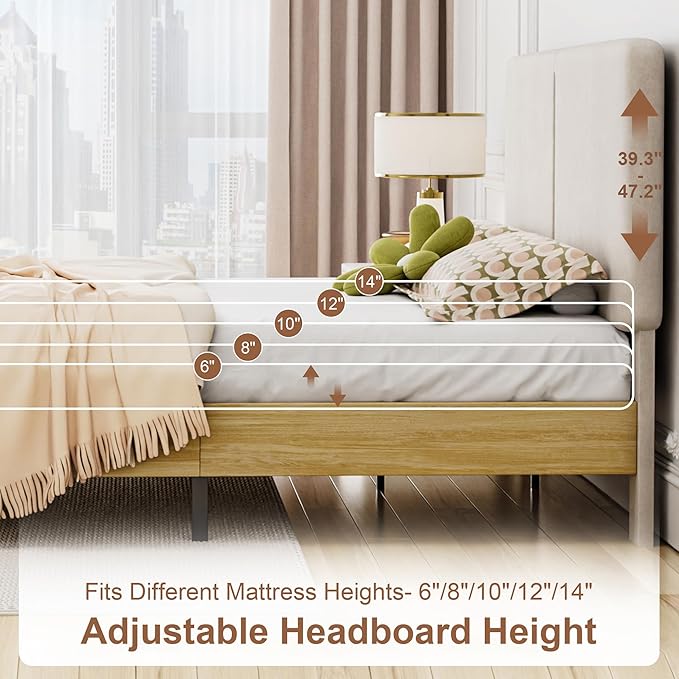 VECELO Full Bed Frame Upholstered Platform Beds with Height-Adjustable Cotton and Linen Headboard, Heavy Duty Wood Slats, 6" Under-Bed Space, Noise-Free, No Box Spring Needed, Easy Assembly