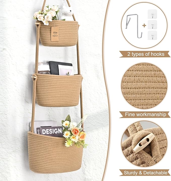 Hanging Storage Baskets, 3-Tier Over the Door Basket, Cotton Wall Baskets Storage, Detachable Hanging Door Basket with 4 Hooks, Over the Door Organizer Nursery for Bedroom, Living Room, Bathroom Wall