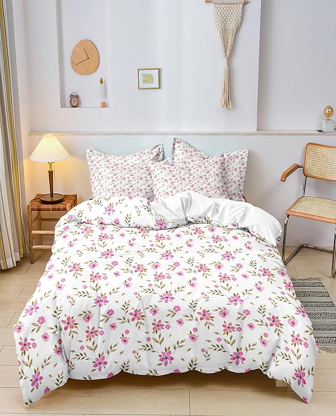 Floral Girls Duvet Cover King Size Pink Floral Duvet Cover Chic Garden Flower Bedding Sets Lightweight Soft Aesthetic Flower Comforter Cover 1 King Duvet Cover with 2 Pillowcases, No Comforter